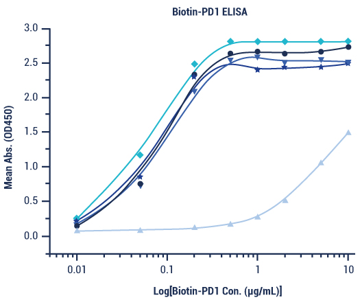 Activité de liaison de différentes formes de PD-1 biotinylé évaluée dans un ELISA fonctionnel contre rhPD-L1